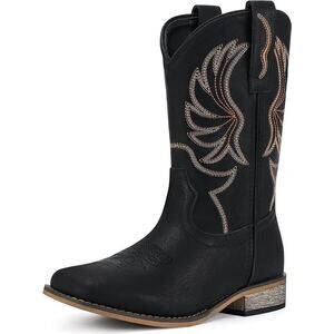 Rollda Boys Size 1 Black Faux Leather Embroidered Low Heel Western Cowboy Boots